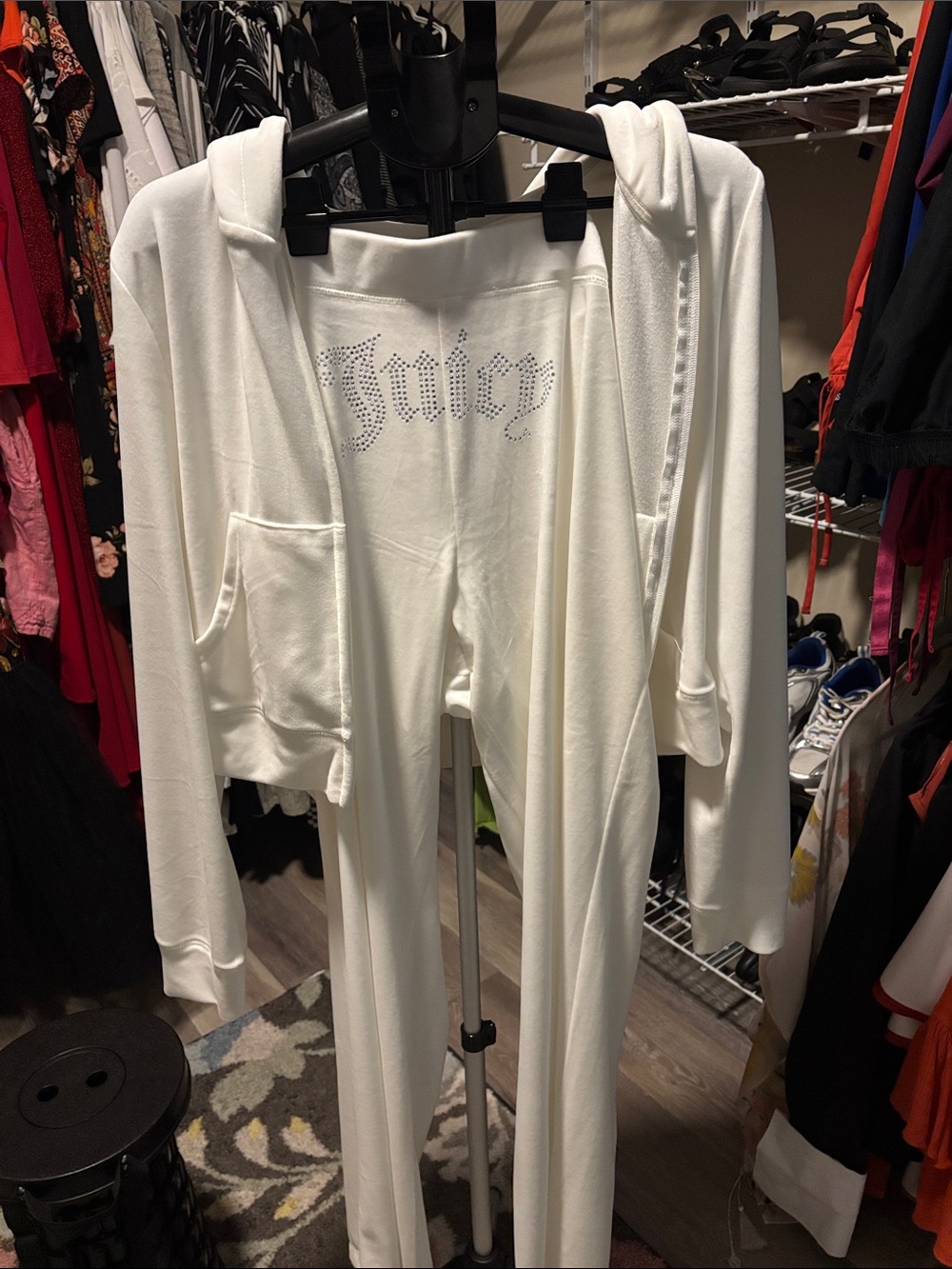Juicy Couture White Velour Rhinestone Logo Hoodie & Pants Set